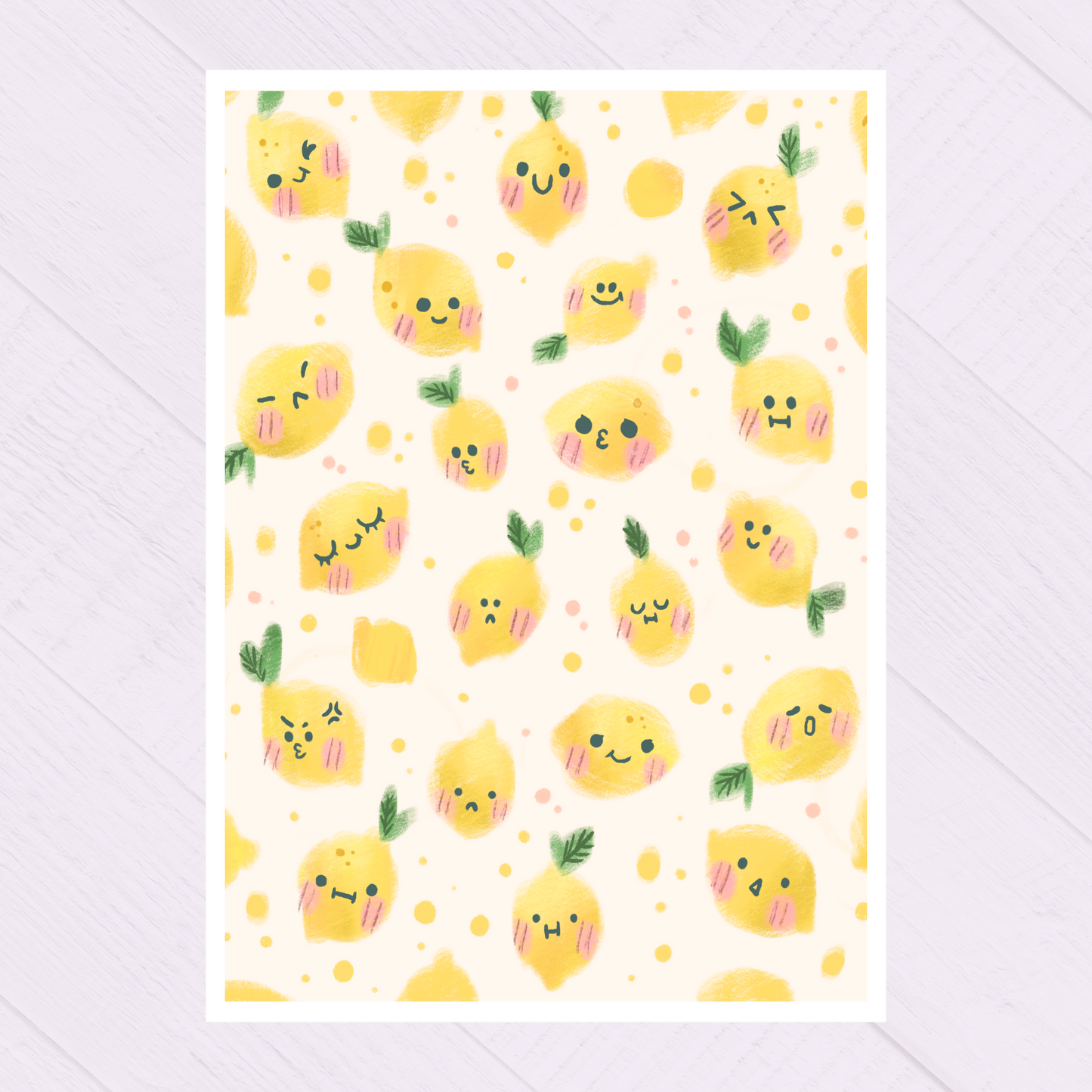 Cute Lemon Print – Funny Yellow Wall Art Illustration with Different Moods – Kawaii Fruit Decor – Happy Kitchen Art – 21x26 cm