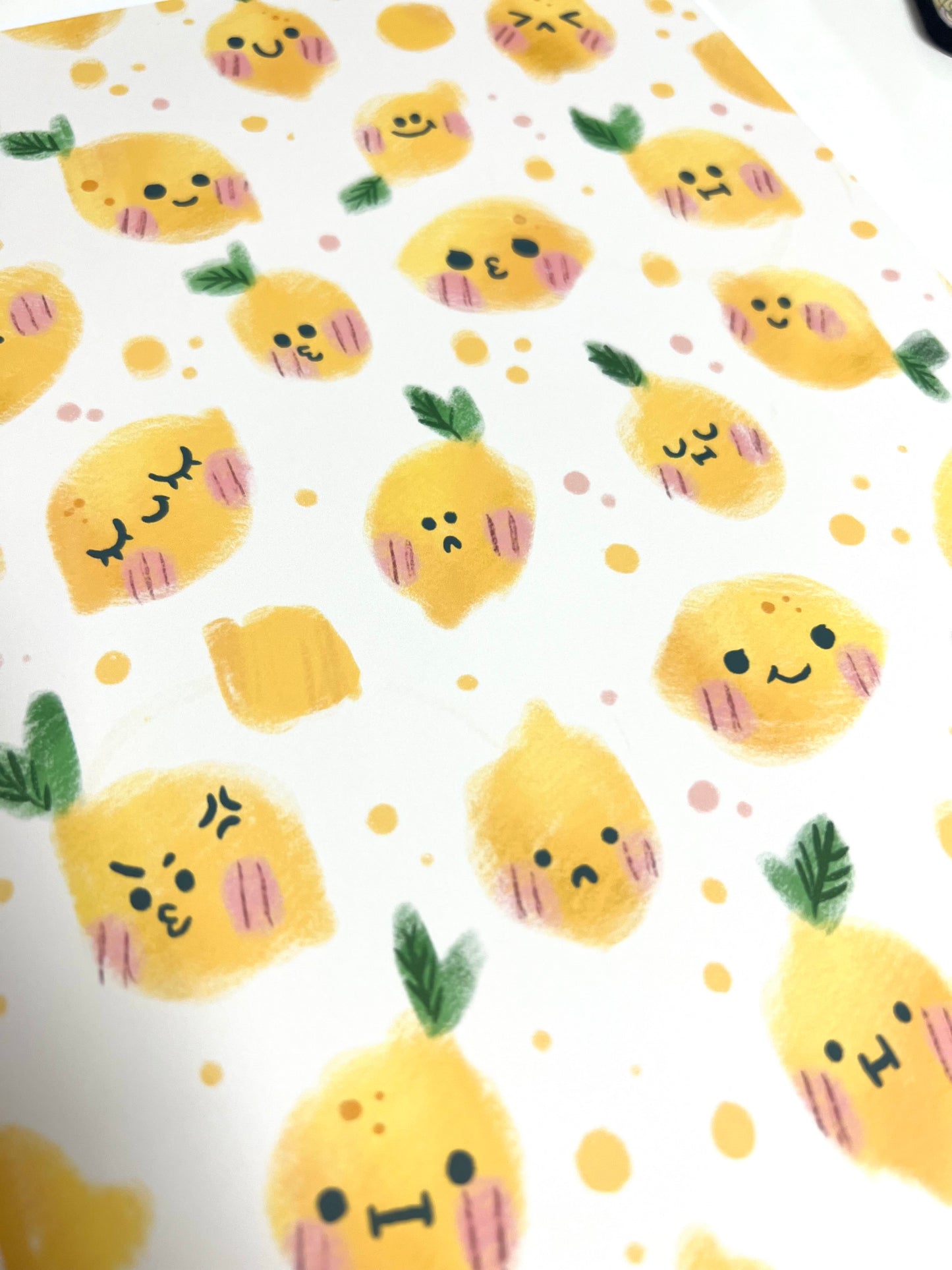 Cute Lemon Print – Funny Yellow Wall Art Illustration with Different Moods – Kawaii Fruit Decor – Happy Kitchen Art – 21x26 cm
