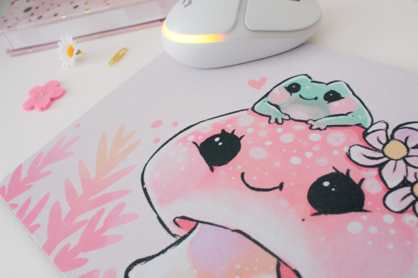 Adorable Pink Mushroom with Frog Mousepad: Whimsical Desk Accessory for Nature and Animal Lovers