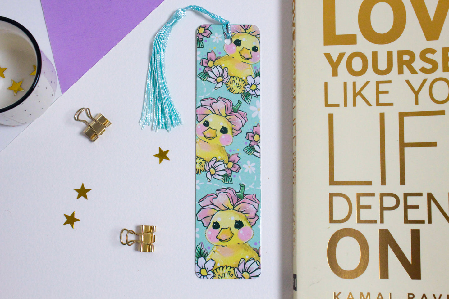Cute Duck Metal Bookmark with Tassel - Floral Illustration - long-lasting Bookmark - hand-made
