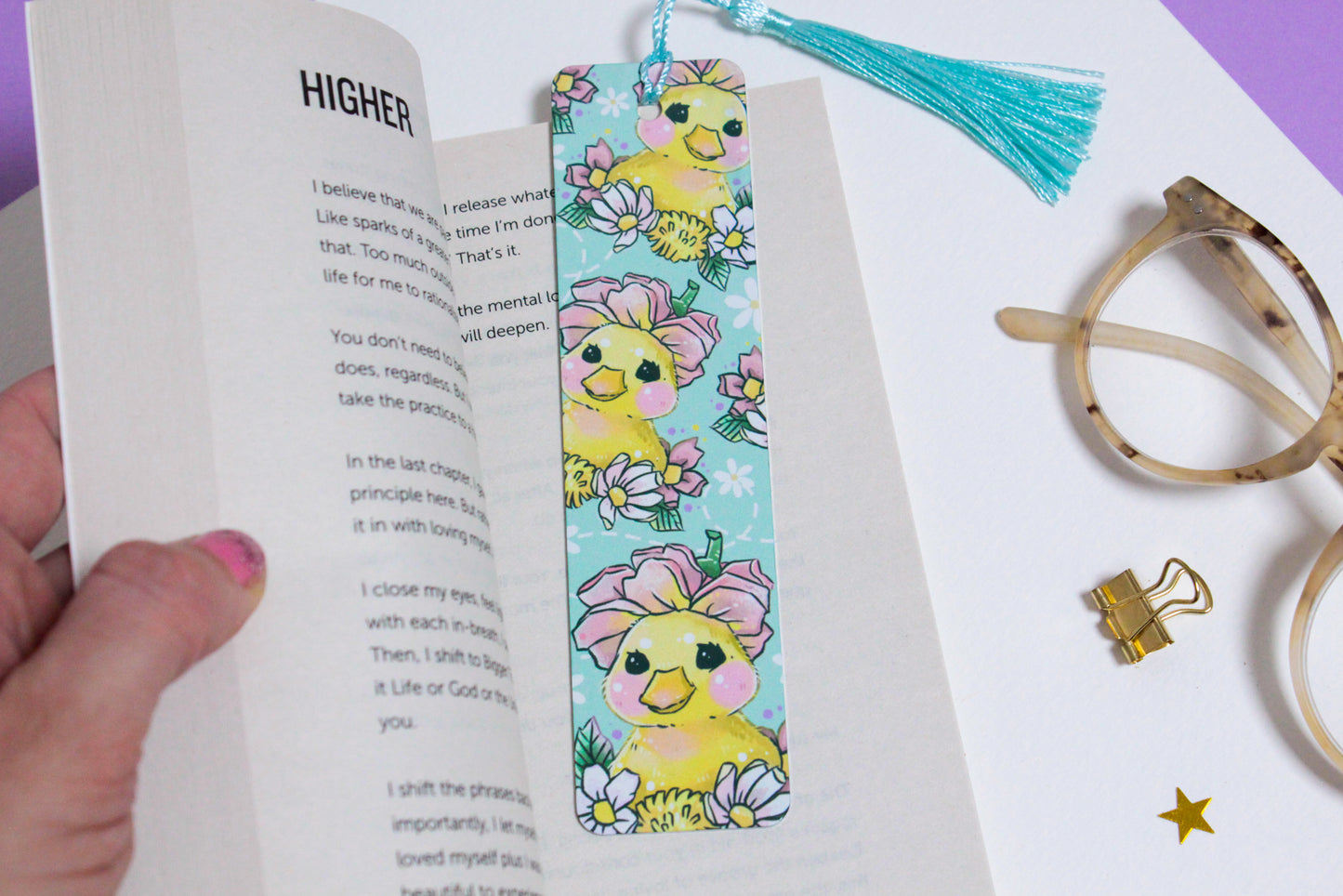 Cute Duck Metal Bookmark with Tassel - Floral Illustration - long-lasting Bookmark - hand-made