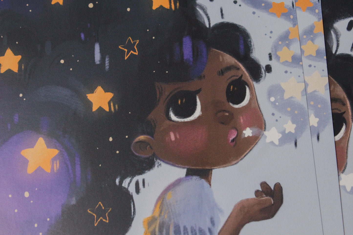 B-Grades - The Universe is in You Art Print – Children’s Book Illustration – Magical Girl Blowing Stars – A5 Violet Yellow