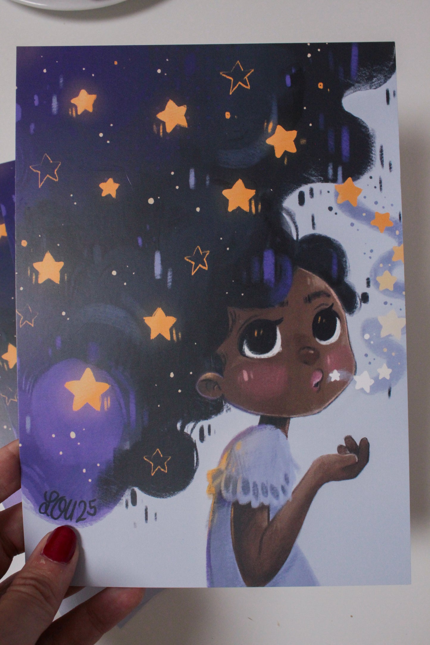 B-Grades - The Universe is in You Art Print – Children’s Book Illustration – Magical Girl Blowing Stars – A5 Violet Yellow