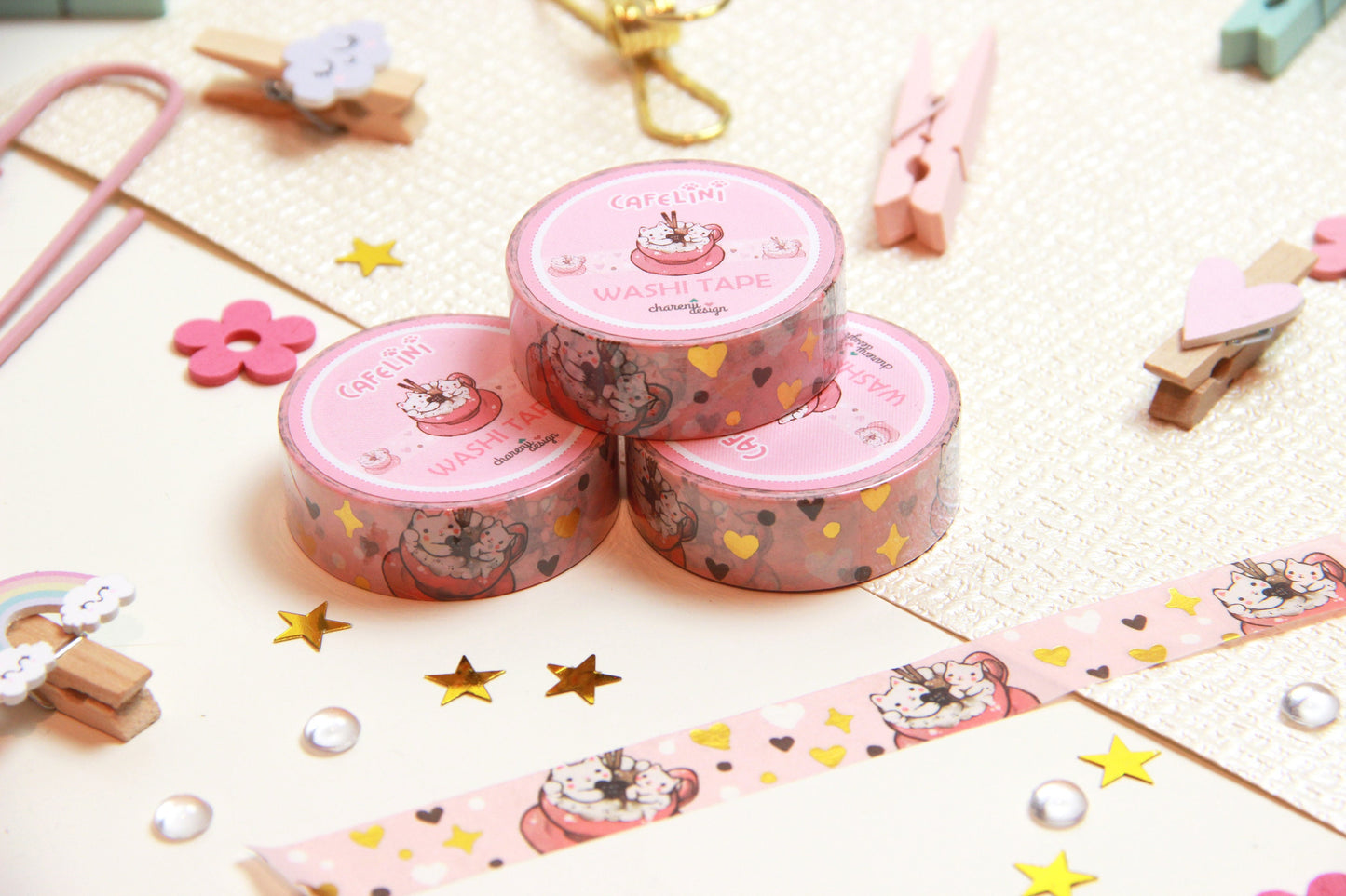 Pink Cafelini Washi Tape with golden hearts - Cute Cappuccino Cats
