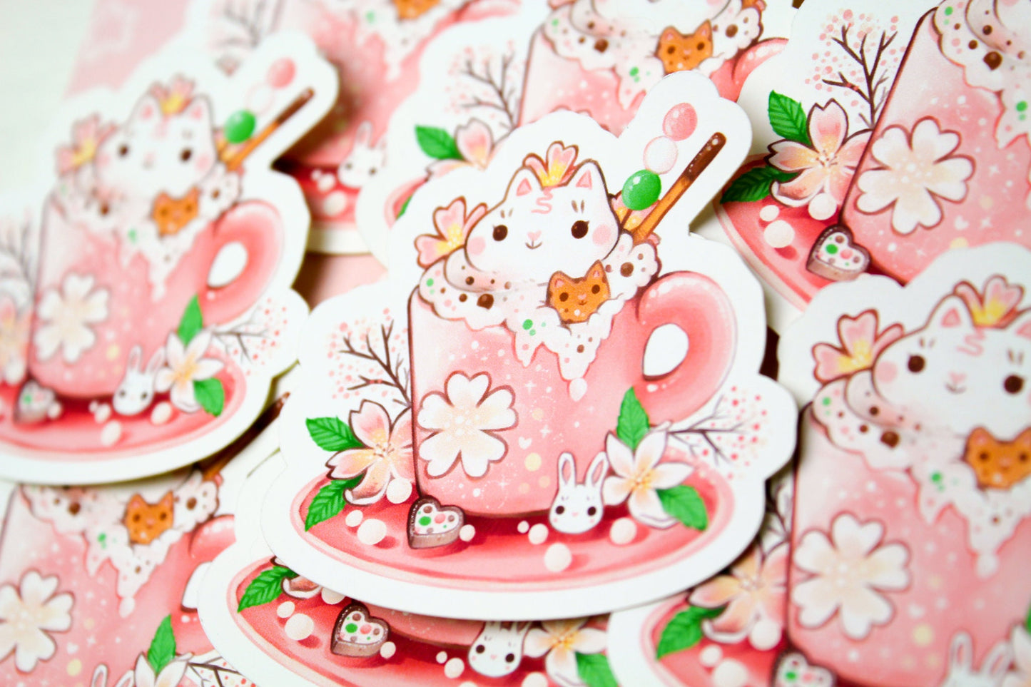 Spring Cafelini - Sakura Latte - Cute, foamy cappuccino cats - PAPER or VINYL Sticker