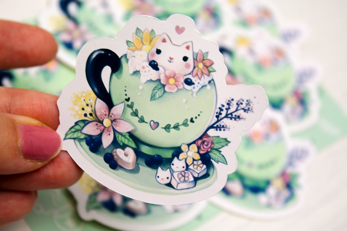 Spring Cafelini - Matcha Latte - Cute, foamy cappuccino cats - PAPER or VINYL Sticker