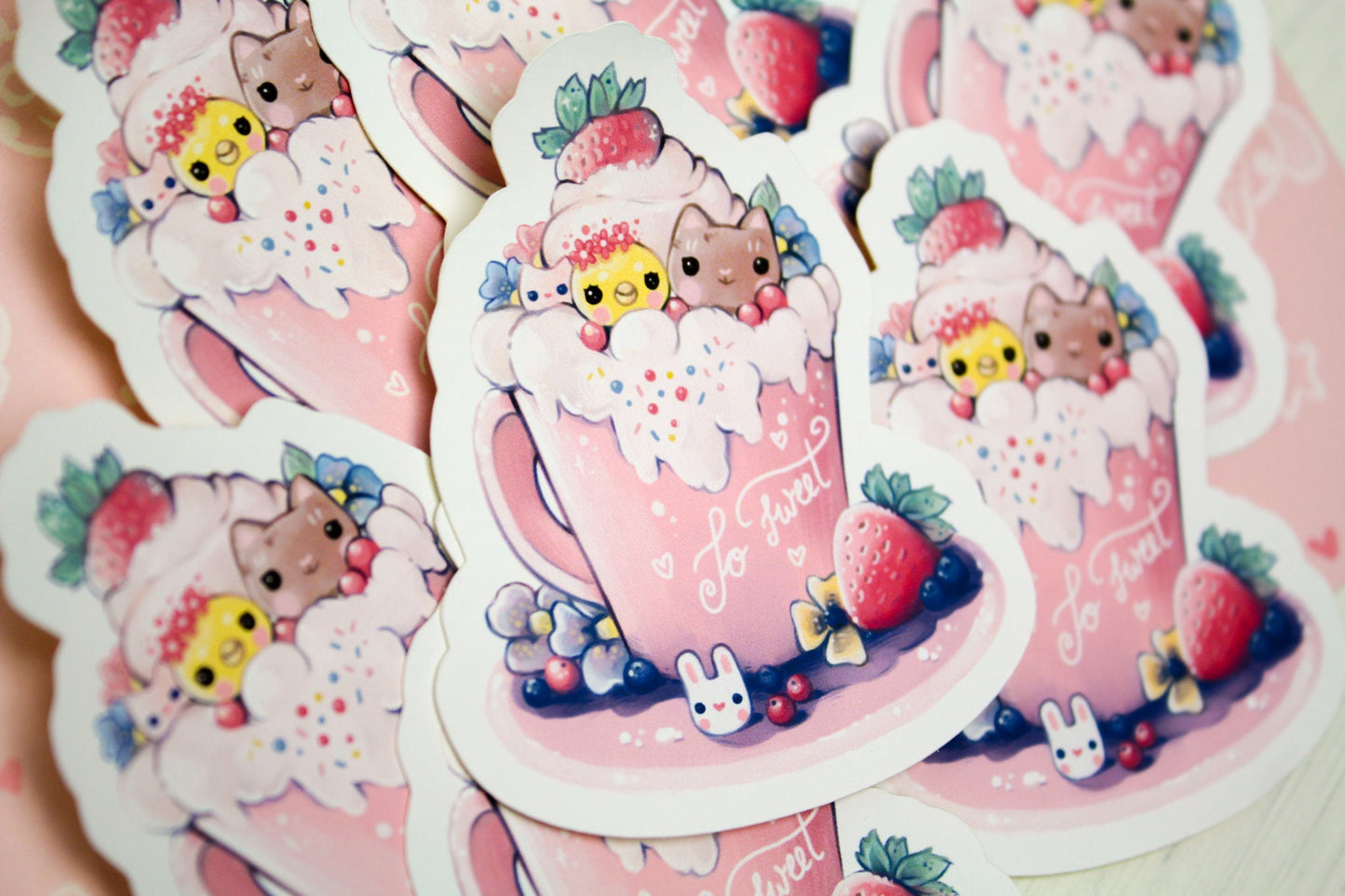 Spring Cafelini - Strawberry Latte - Cute, foamy cappuccino cats - PAPER or VINYL Sticker