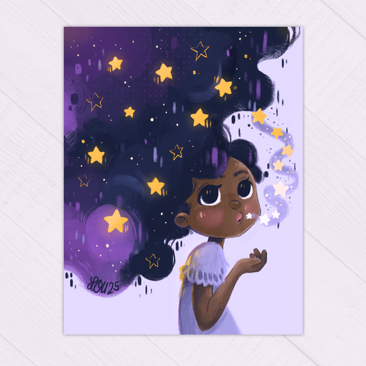 The Universe is in You Art Print – Children’s Book Illustration – Magical Girl Blowing Stars – 21 x 26 cm