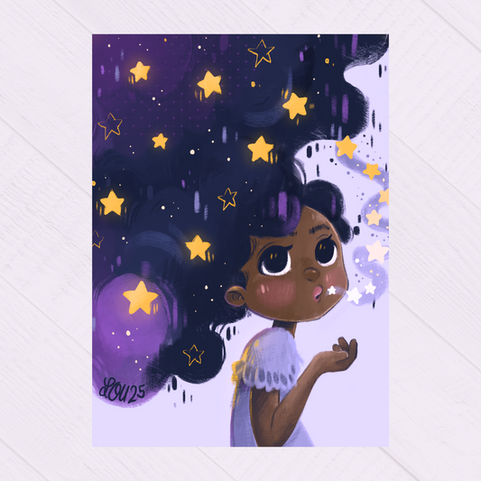 B-Grades - The Universe is in You Art Print – Children’s Book Illustration – Magical Girl Blowing Stars – A5 Violet Yellow
