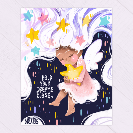 Angel with Star – Hold Your Dreams Close | Children’s Book Style Wall Art for Girls & Nurseries