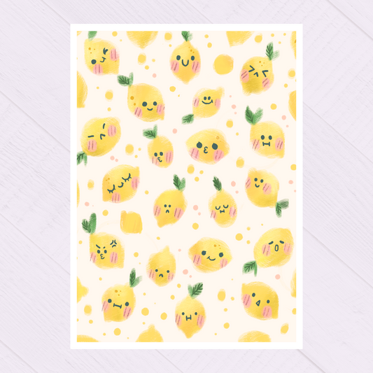 Cute Lemon Print – Funny Yellow Wall Art Illustration with Different Moods – Kawaii Fruit Decor – Happy Kitchen Art – 21x26 cm