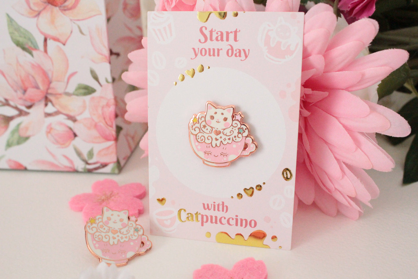 Catpuccino Enamel Pin - Start your day with catpuccino - Cute cat pin - rosé gold