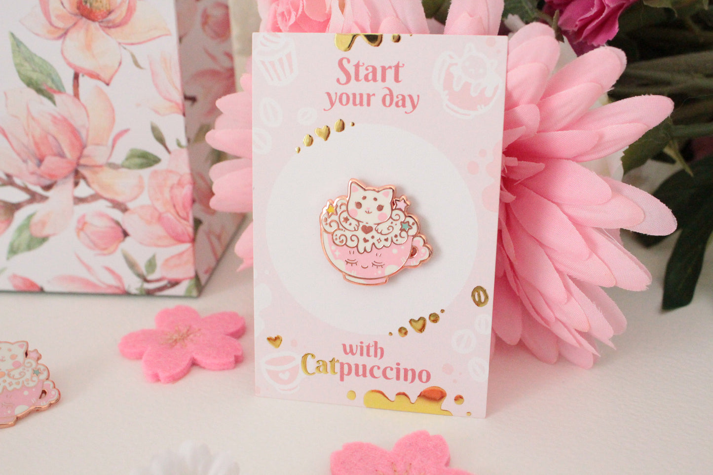 Catpuccino Enamel Pin - Start your day with catpuccino - Cute cat pin - rosé gold