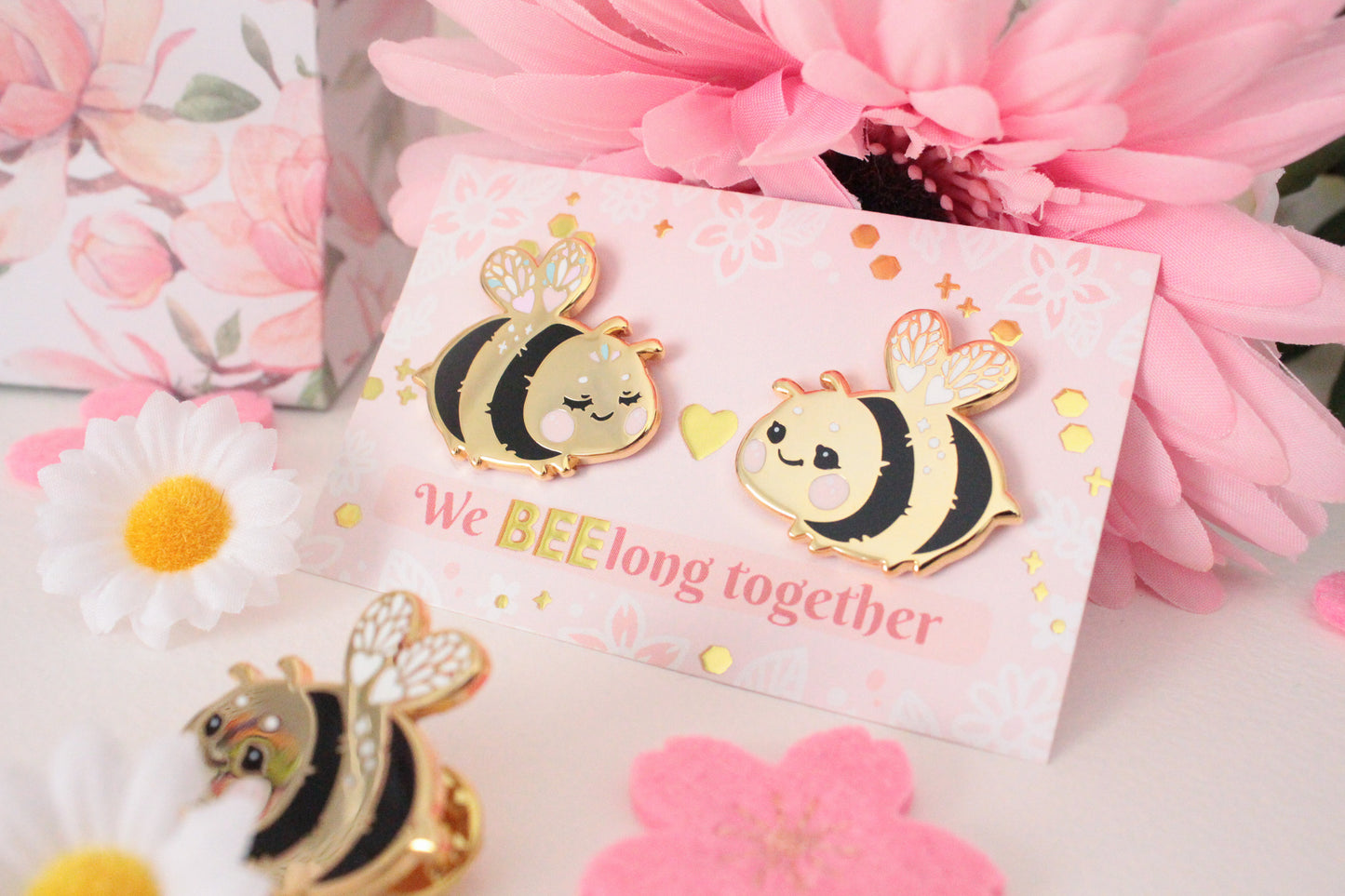 SET Cute and shiny bumblebee enamel pins - best friends or couple pins - couple matching gift