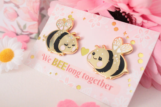 SET Cute and shiny bumblebee enamel pins - best friends or couple pins - couple matching gift
