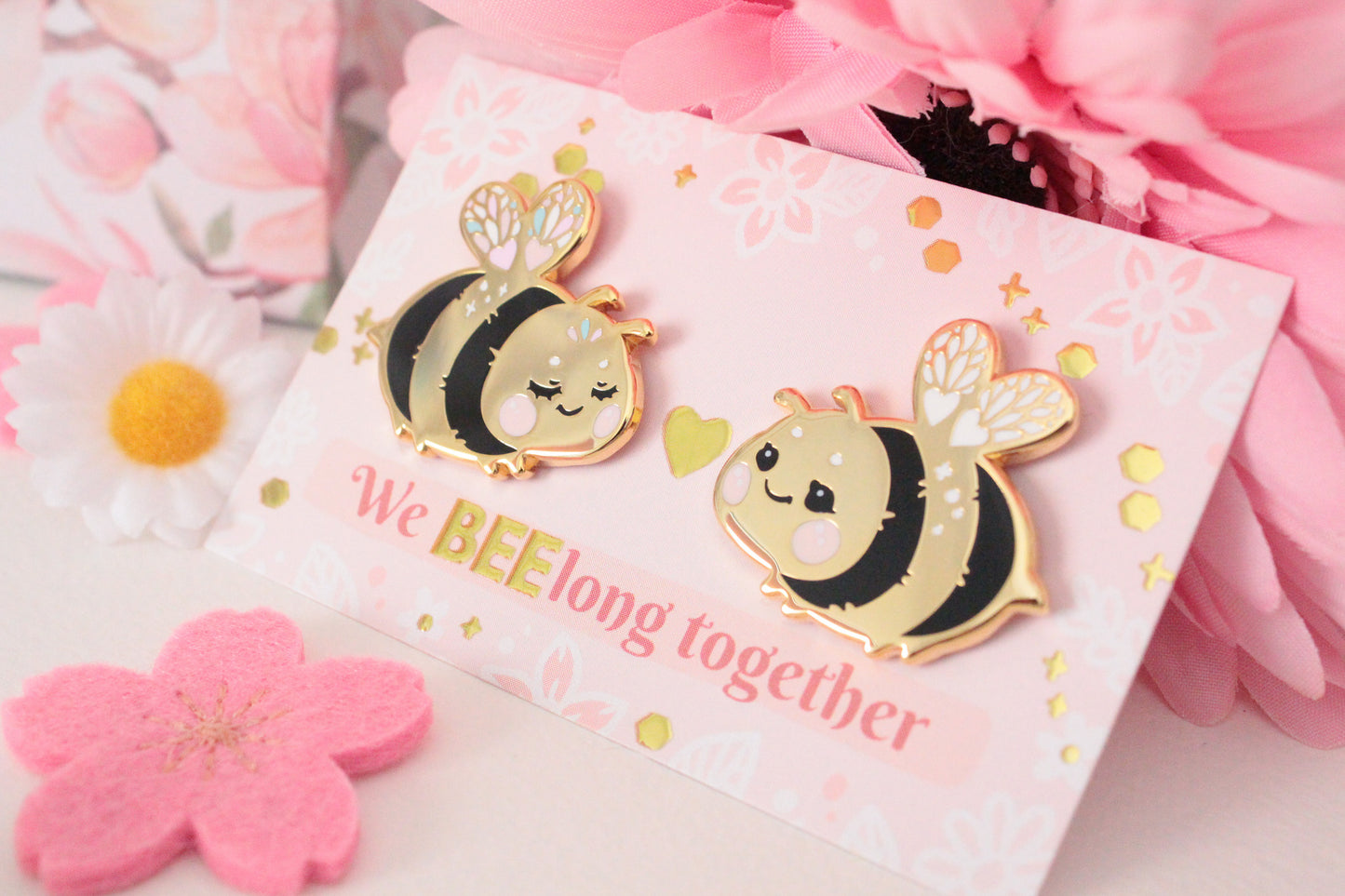 SET Cute and shiny bumblebee enamel pins - best friends or couple pins - couple matching gift