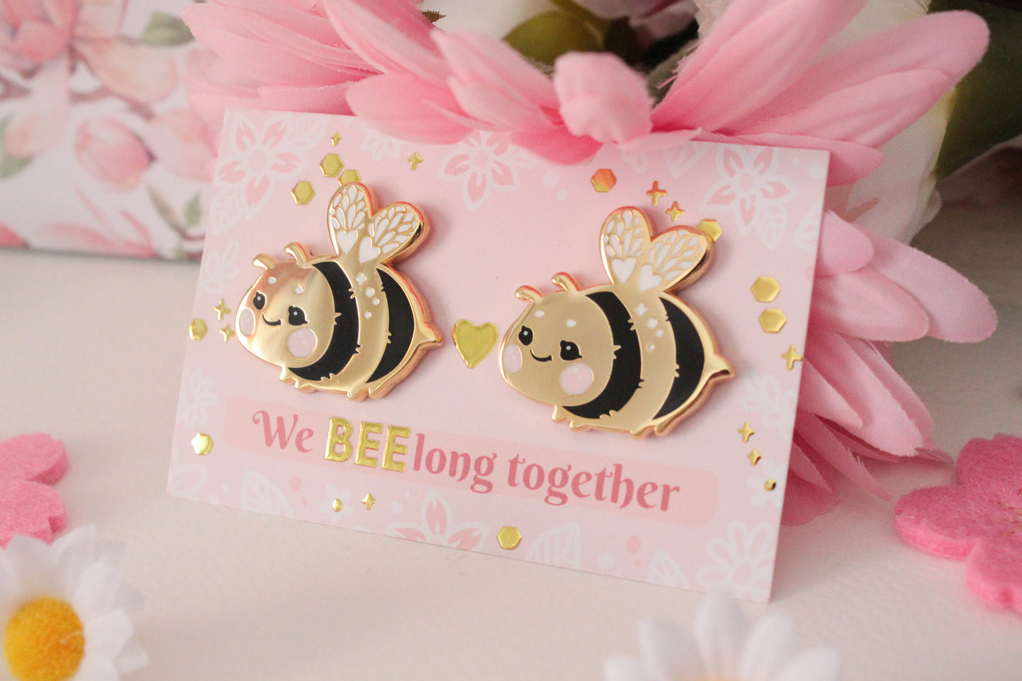 SET Cute and shiny bumblebee enamel pins - best friends or couple pins - couple matching gift