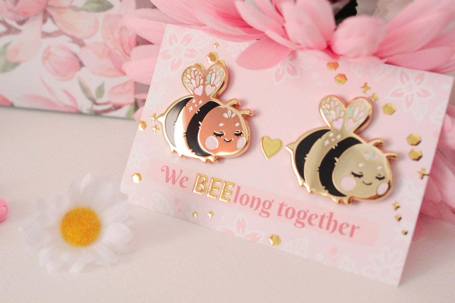 SET Cute and shiny bumblebee enamel pins - best friends or couple pins - couple matching gift