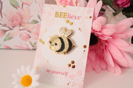 Cute and shiny bumblebee enamel pin "Honey" - Believe in Yourself - with glossy backing card