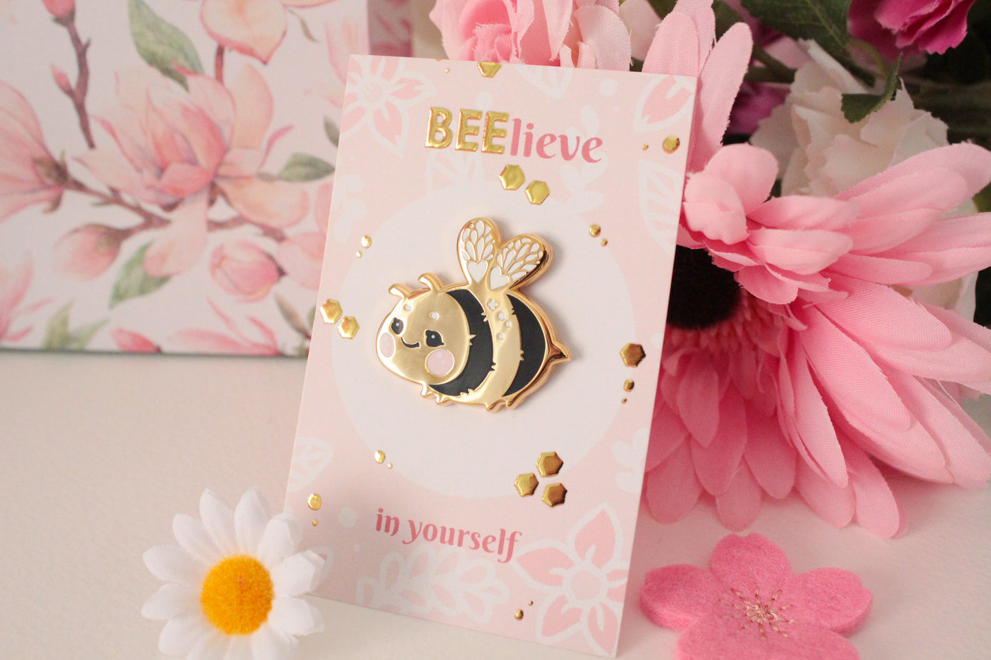 Cute and shiny bumblebee enamel pin "Honey" - Believe in Yourself - with glossy backing card