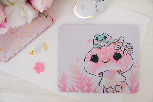 Adorable Pink Mushroom with Frog Mousepad: Whimsical Desk Accessory for Nature and Animal Lovers