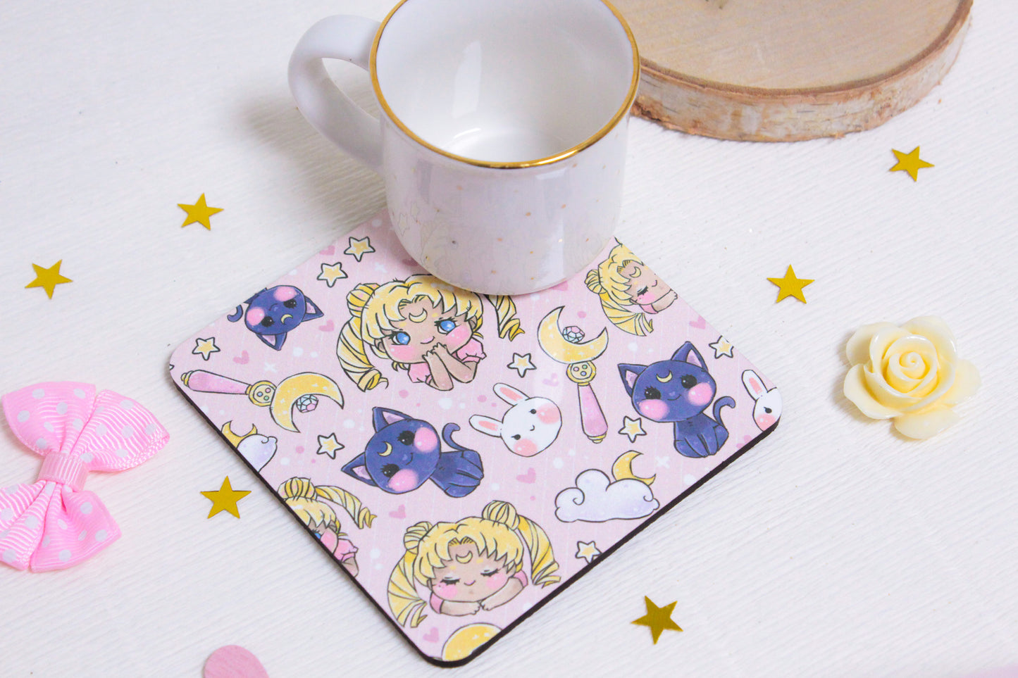 Whimsical Magical Girl & Cute Cat Friend Coaster