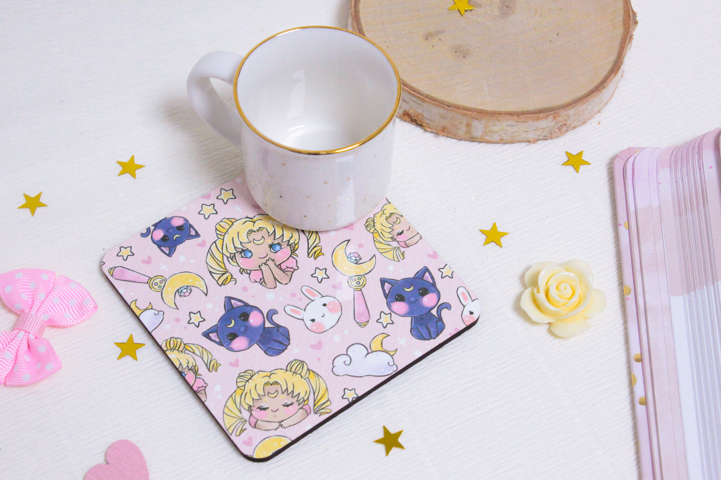 Whimsical Magical Girl & Cute Cat Friend Coaster