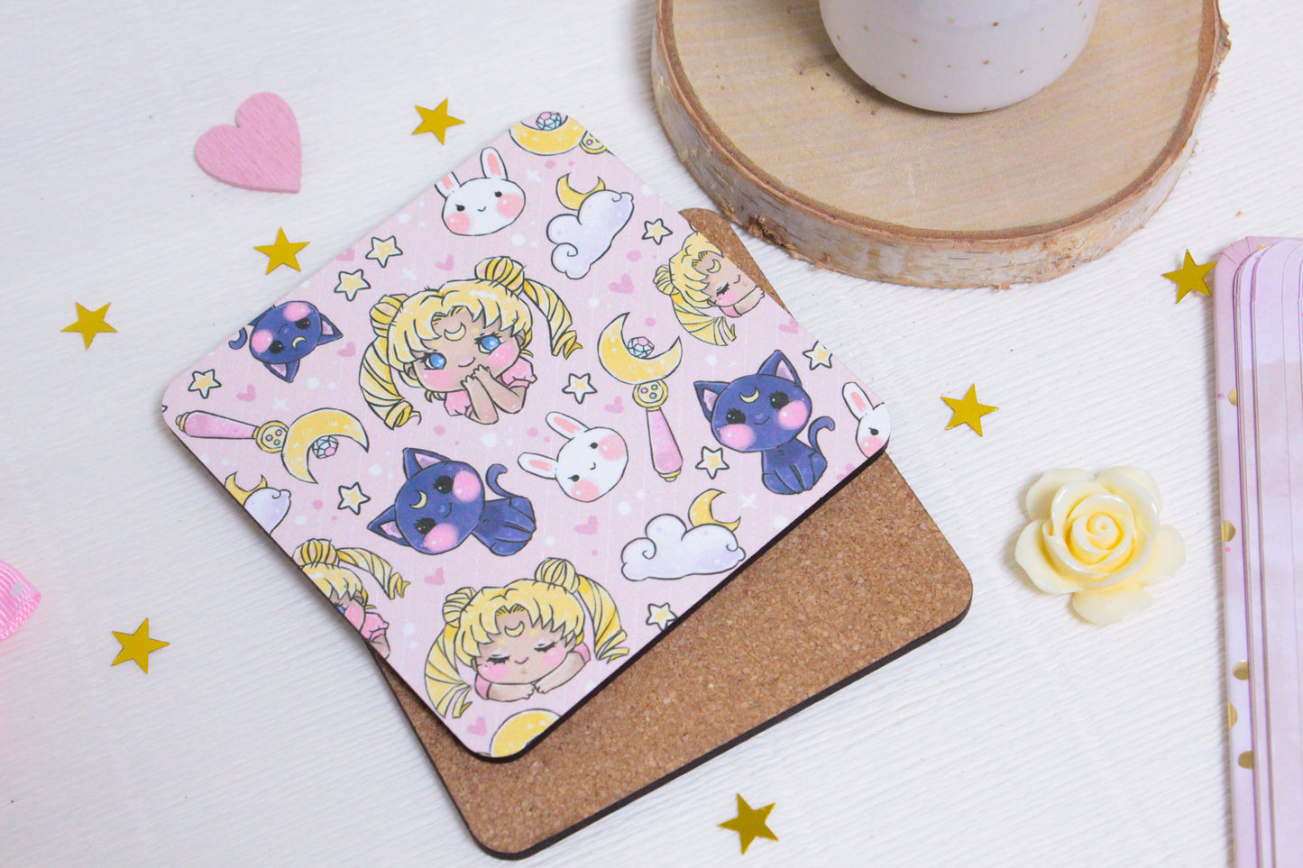 Whimsical Magical Girl & Cute Cat Friend Coaster