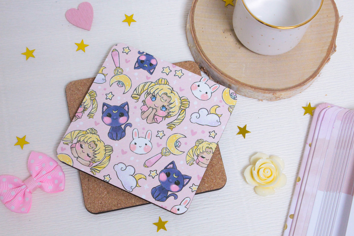 Whimsical Magical Girl & Cute Cat Friend Coaster