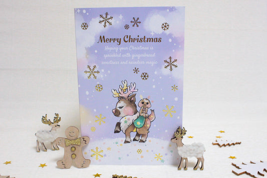 Golden Snowflakes Christmas Card with Reindeer and Gingerbread Friend - Festive Holiday Greeting Card