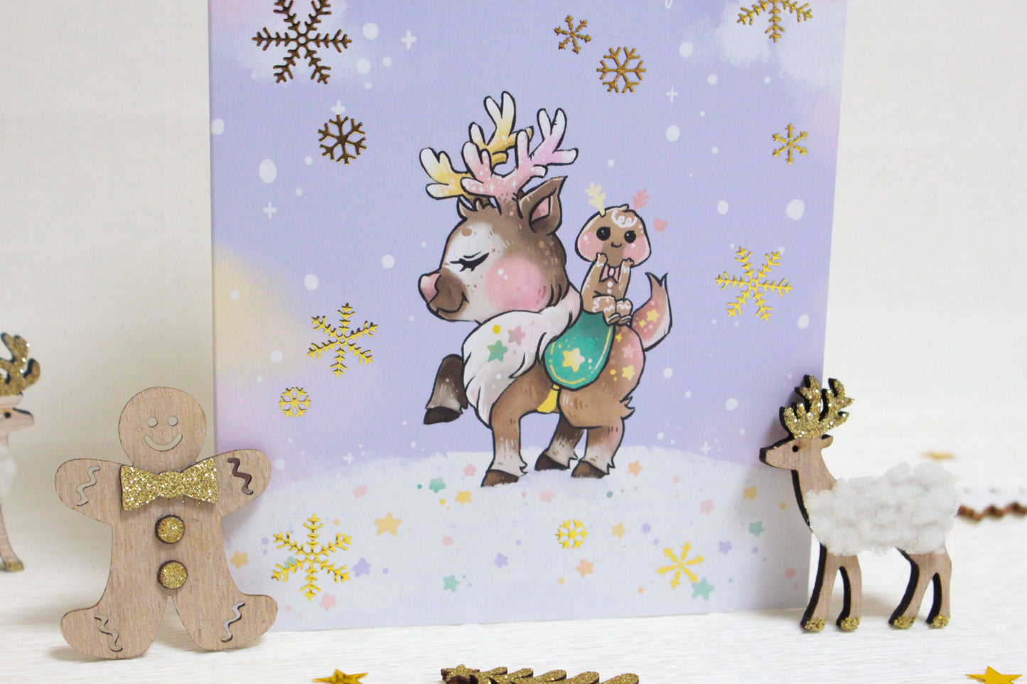 Golden Snowflakes Christmas Card with Reindeer and Gingerbread Friend - Festive Holiday Greeting Card