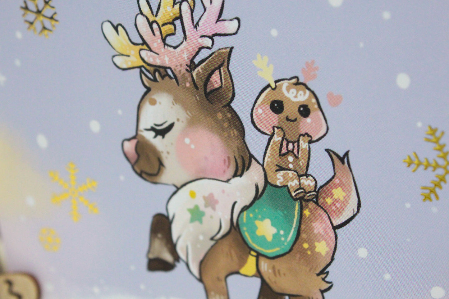 Golden Snowflakes Christmas Card with Reindeer and Gingerbread Friend - Festive Holiday Greeting Card