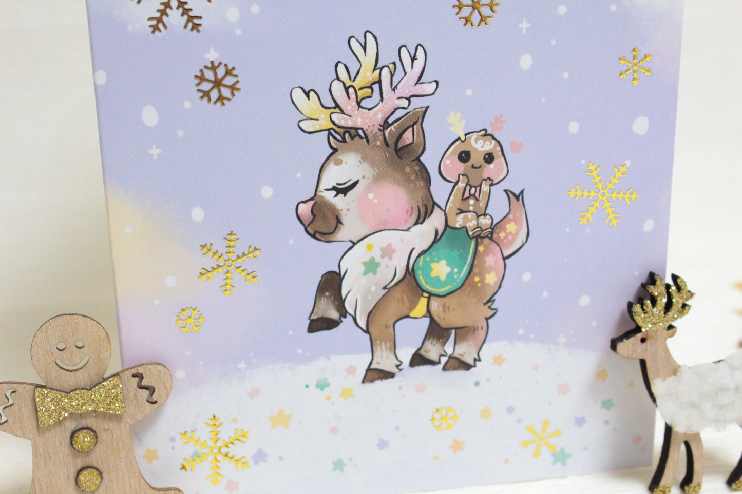 Golden Snowflakes Christmas Card with Reindeer and Gingerbread Friend - Festive Holiday Greeting Card