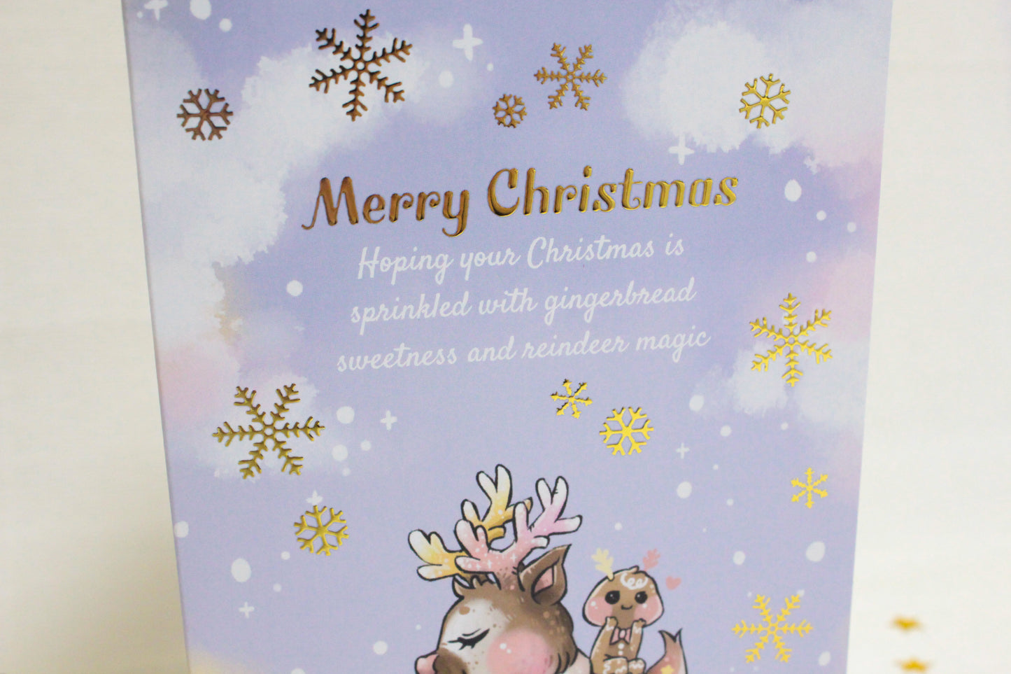 Golden Snowflakes Christmas Card with Reindeer and Gingerbread Friend - Festive Holiday Greeting Card