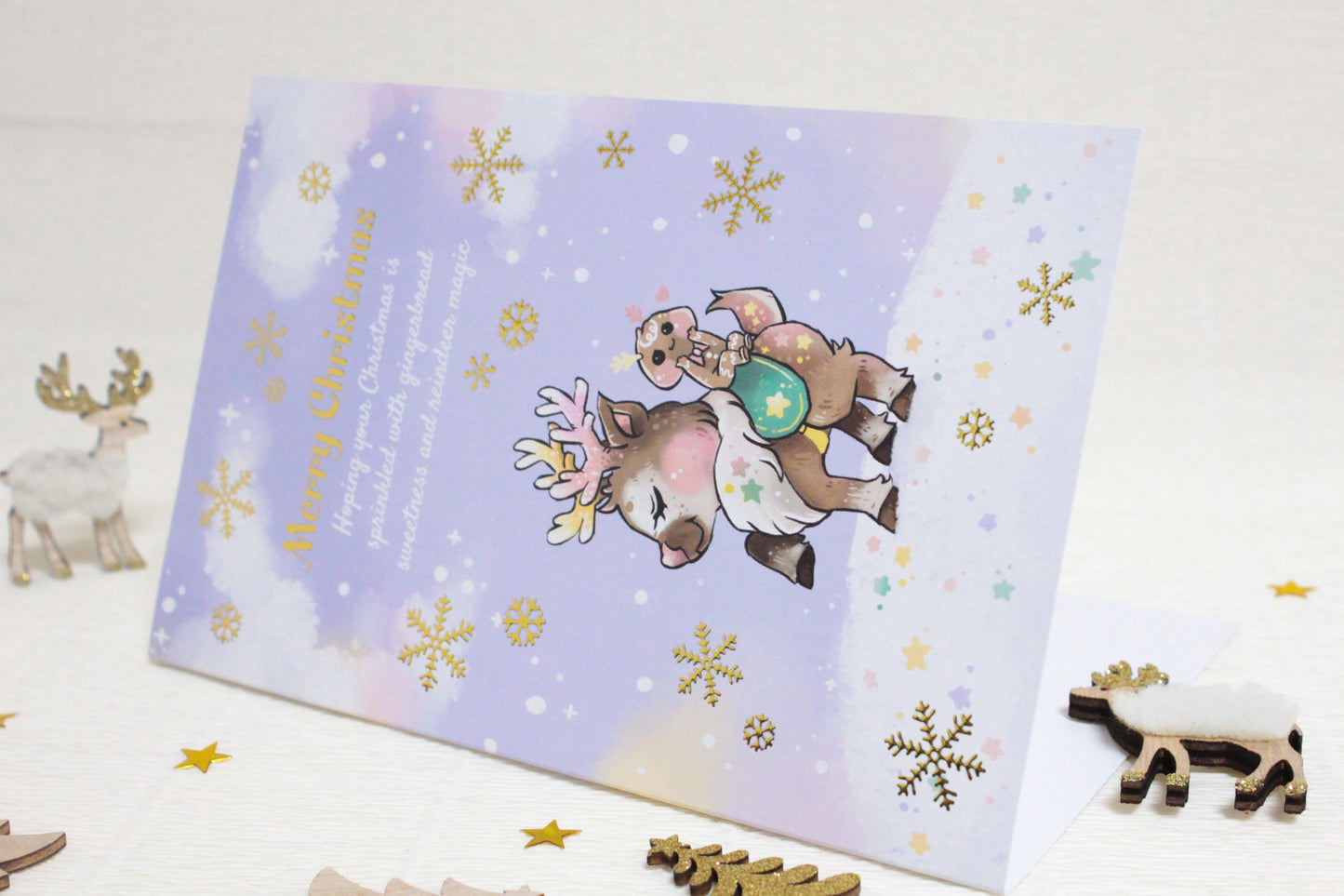 Golden Snowflakes Christmas Card with Reindeer and Gingerbread Friend - Festive Holiday Greeting Card