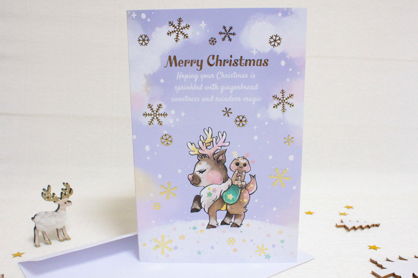 Golden Snowflakes Christmas Card with Reindeer and Gingerbread Friend - Festive Holiday Greeting Card