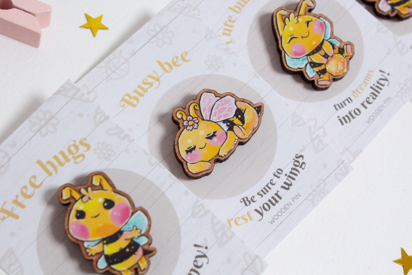 Bee Wooden Pin with Inspirational Quote - Rest your wings, busy bee - Cute 3 cm Bee Motif Pins