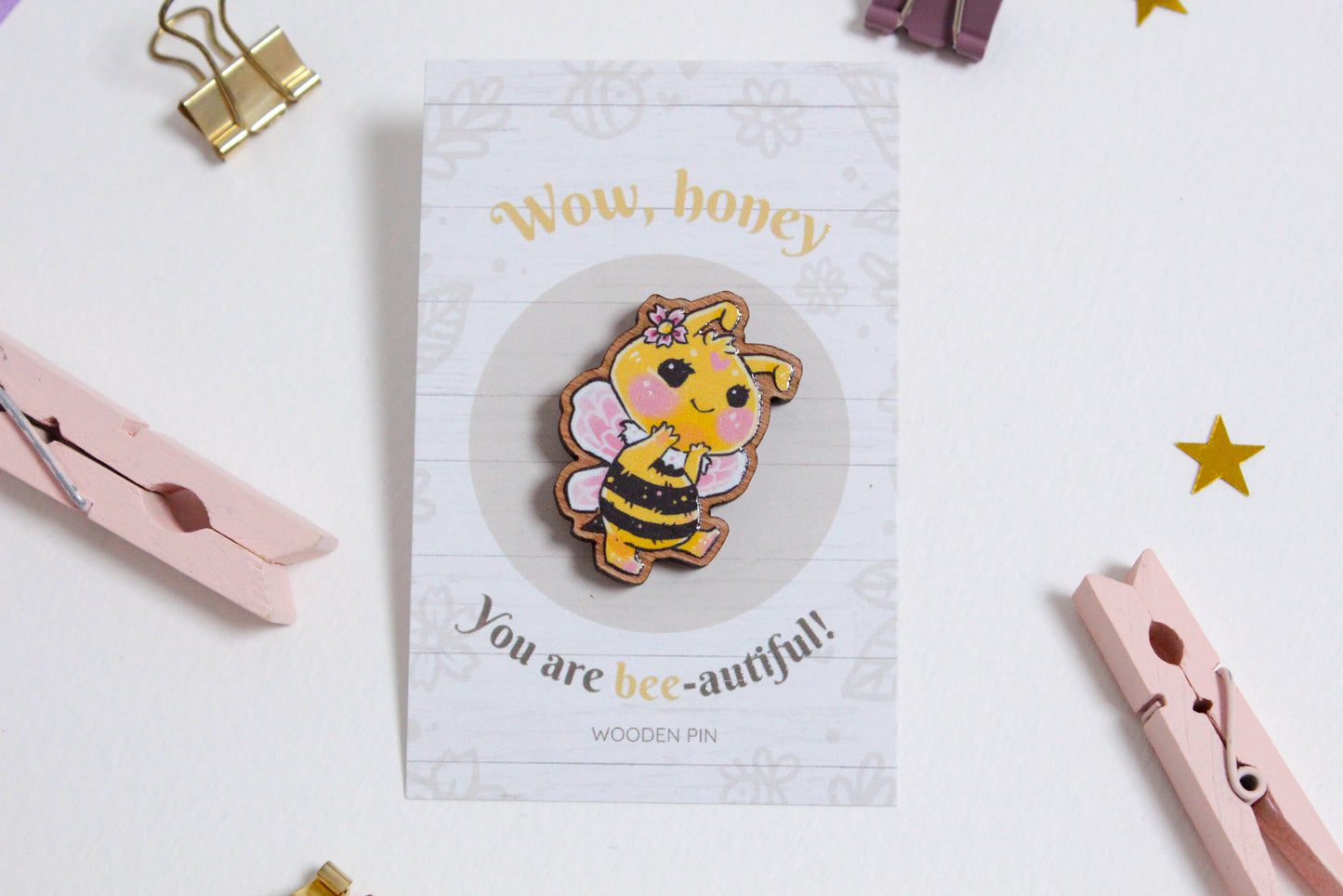 Bee Wooden Pin with Inspirational Quote - You are bee-autiful - Cute 3 cm Bee Motif Pins