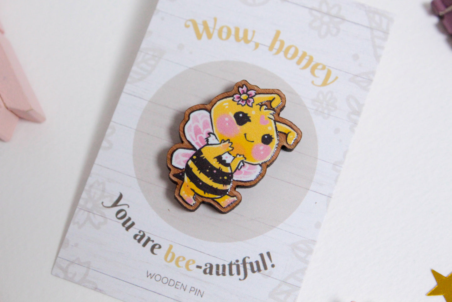 Bee Wooden Pin with Inspirational Quote - You are bee-autiful - Cute 3 cm Bee Motif Pins