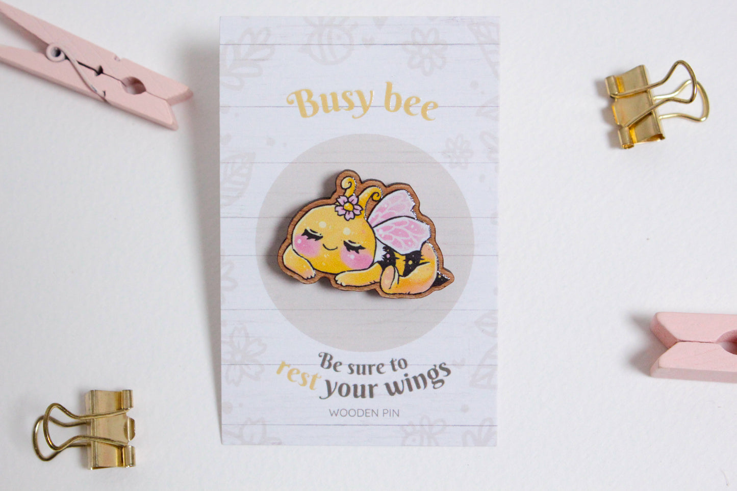 Bee Wooden Pin with Inspirational Quote - Rest your wings, busy bee - Cute 3 cm Bee Motif Pins