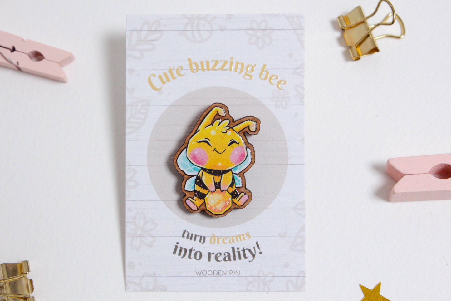 Bee Wooden Pin with Inspirational Quote - Create Your Reality - Cute 3 cm Bee Motif Pins