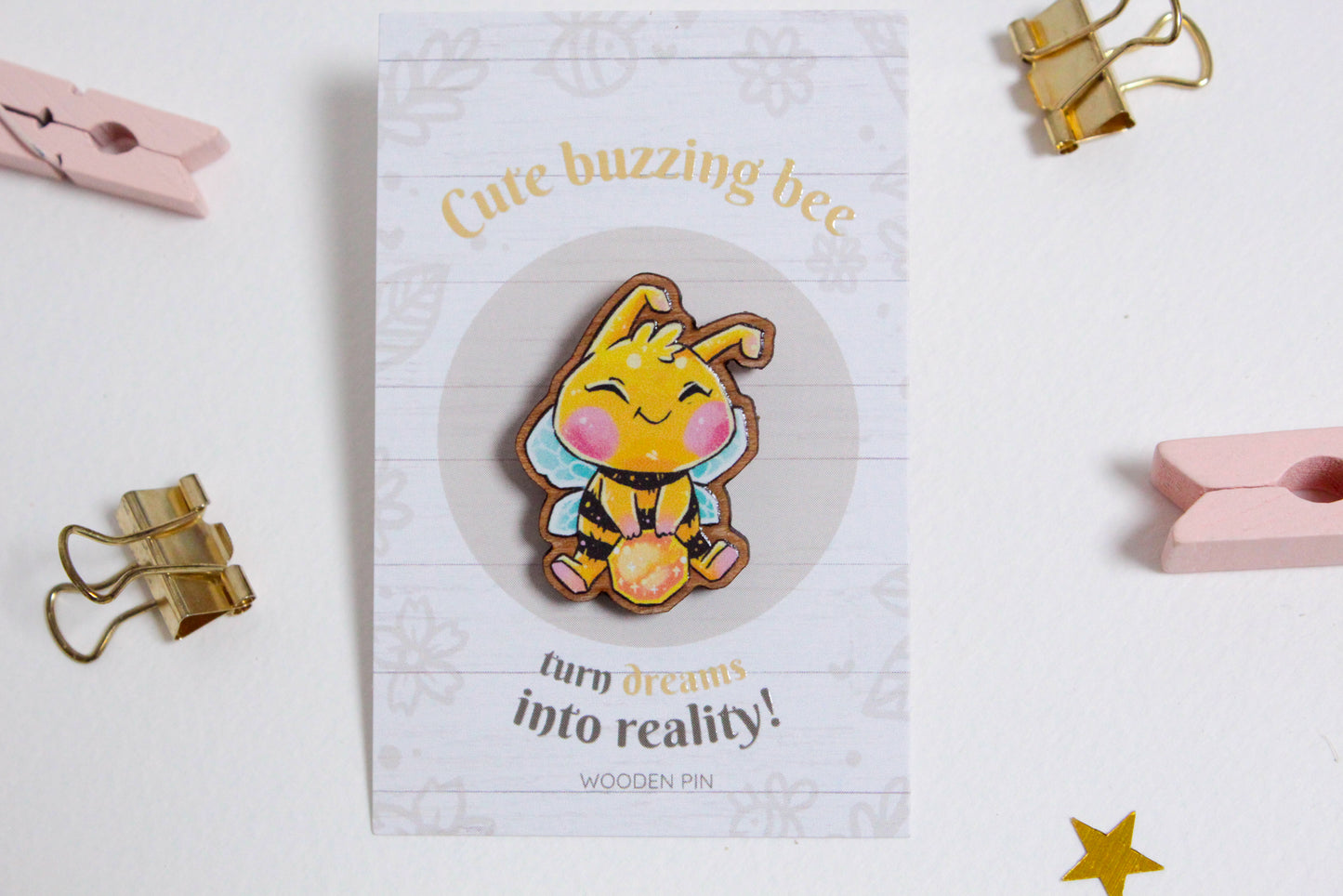 Bee Wooden Pin with Inspirational Quote - Create Your Reality - Cute 3 cm Bee Motif Pins