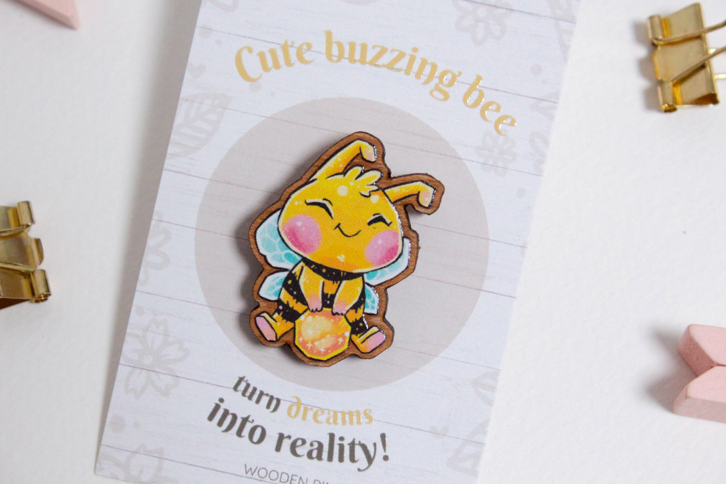 Bee Wooden Pin with Inspirational Quote - Create Your Reality - Cute 3 cm Bee Motif Pins