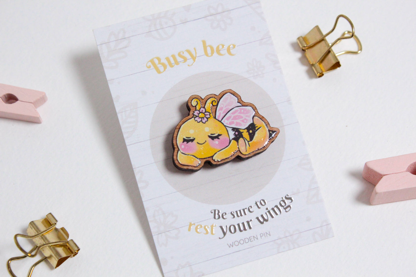 Bee Wooden Pin with Inspirational Quote - Rest your wings, busy bee - Cute 3 cm Bee Motif Pins