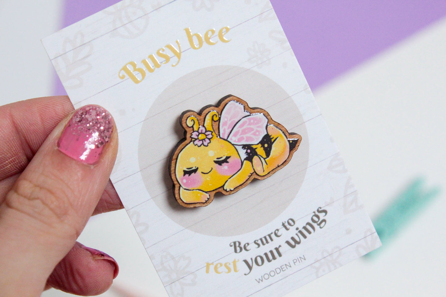 Bee Wooden Pin with Inspirational Quote - Rest your wings, busy bee - Cute 3 cm Bee Motif Pins