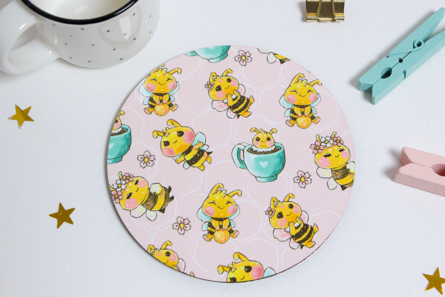 Bee Friends - Coaster -  Round - Perfect gift for Kids, for Her, for Bee Friends