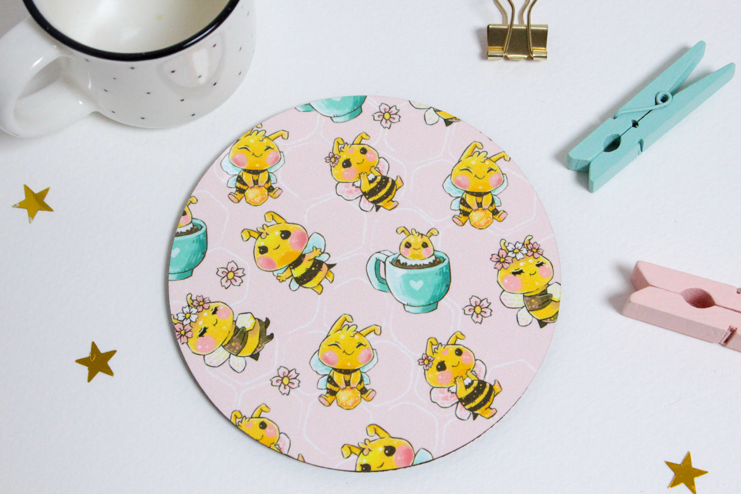 Bee Friends - Coaster -  Round - Perfect gift for Kids, for Her, for Bee Friends