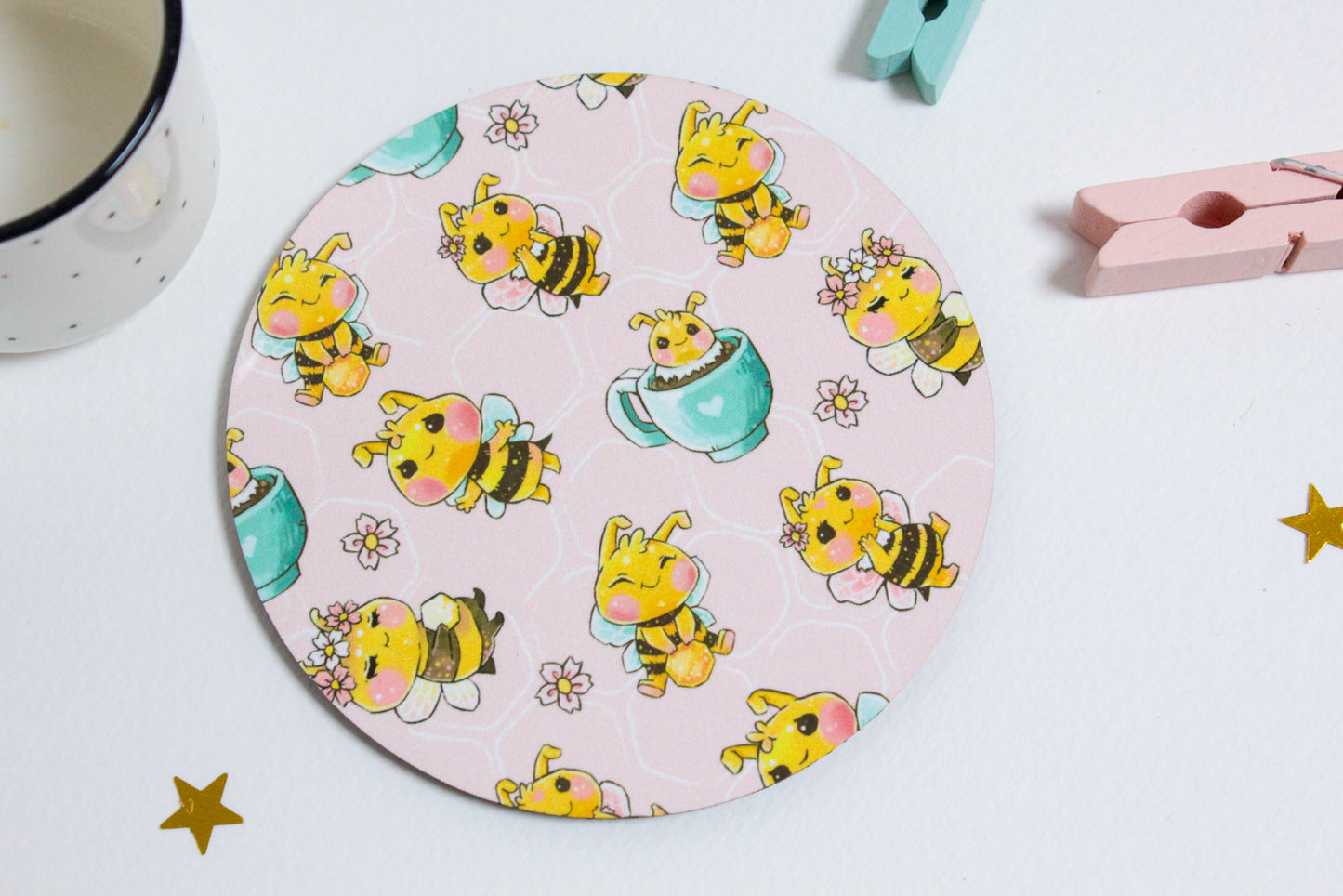 Bee Friends - Coaster -  Round - Perfect gift for Kids, for Her, for Bee Friends