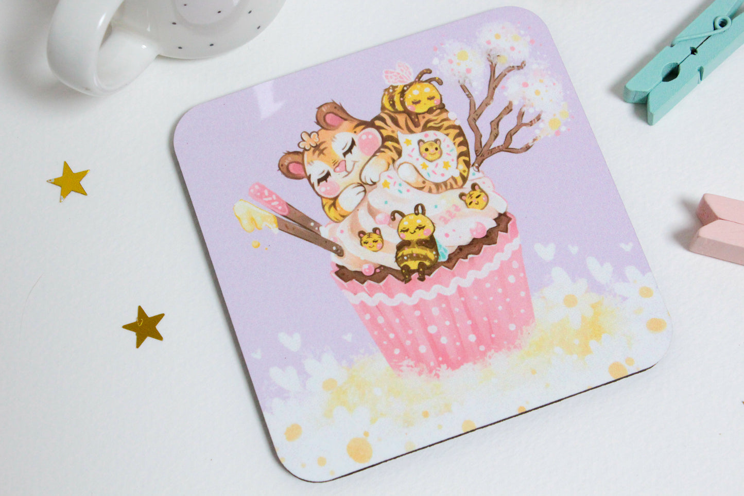 Cute Tiger on a Cupcake with his Bee Friends - Coaster -  Square