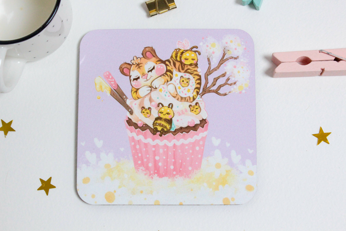 Cute Tiger on a Cupcake with his Bee Friends - Coaster -  Square